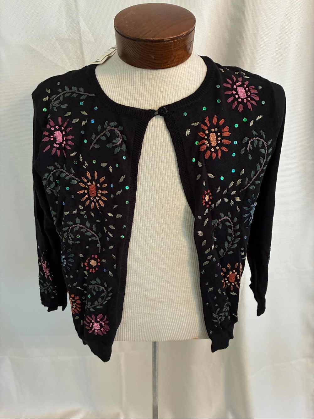 Coldwater Creek Floral Embroidered Sequined Cardigan Sweater Size L NWT